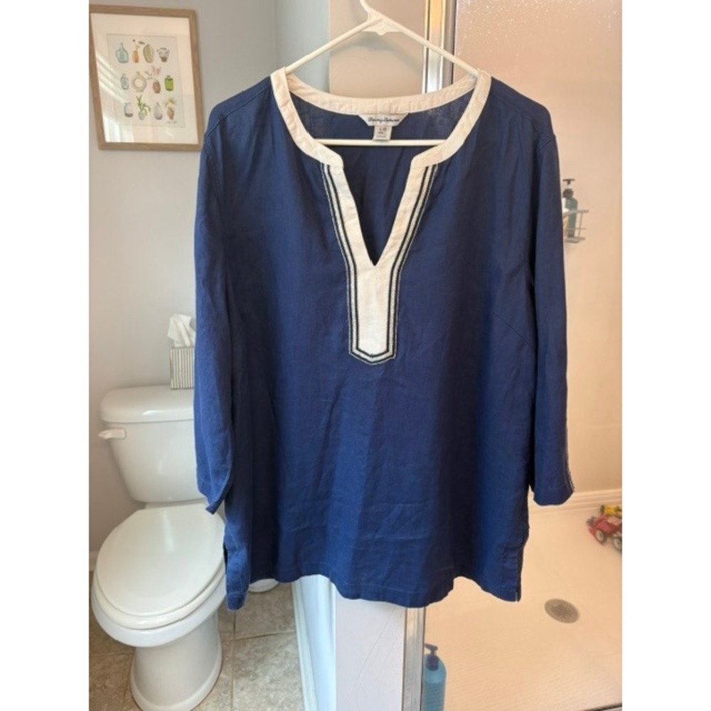 Tommy Bahama Womens Navy Blue 100% Linen Tunic Top Split Neck Metallic Trim L